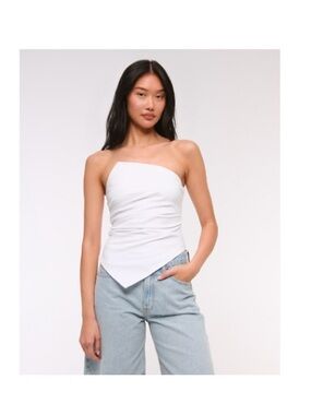 Abercrombie & Fitch White One-Shoulder Pointed-Hem Top